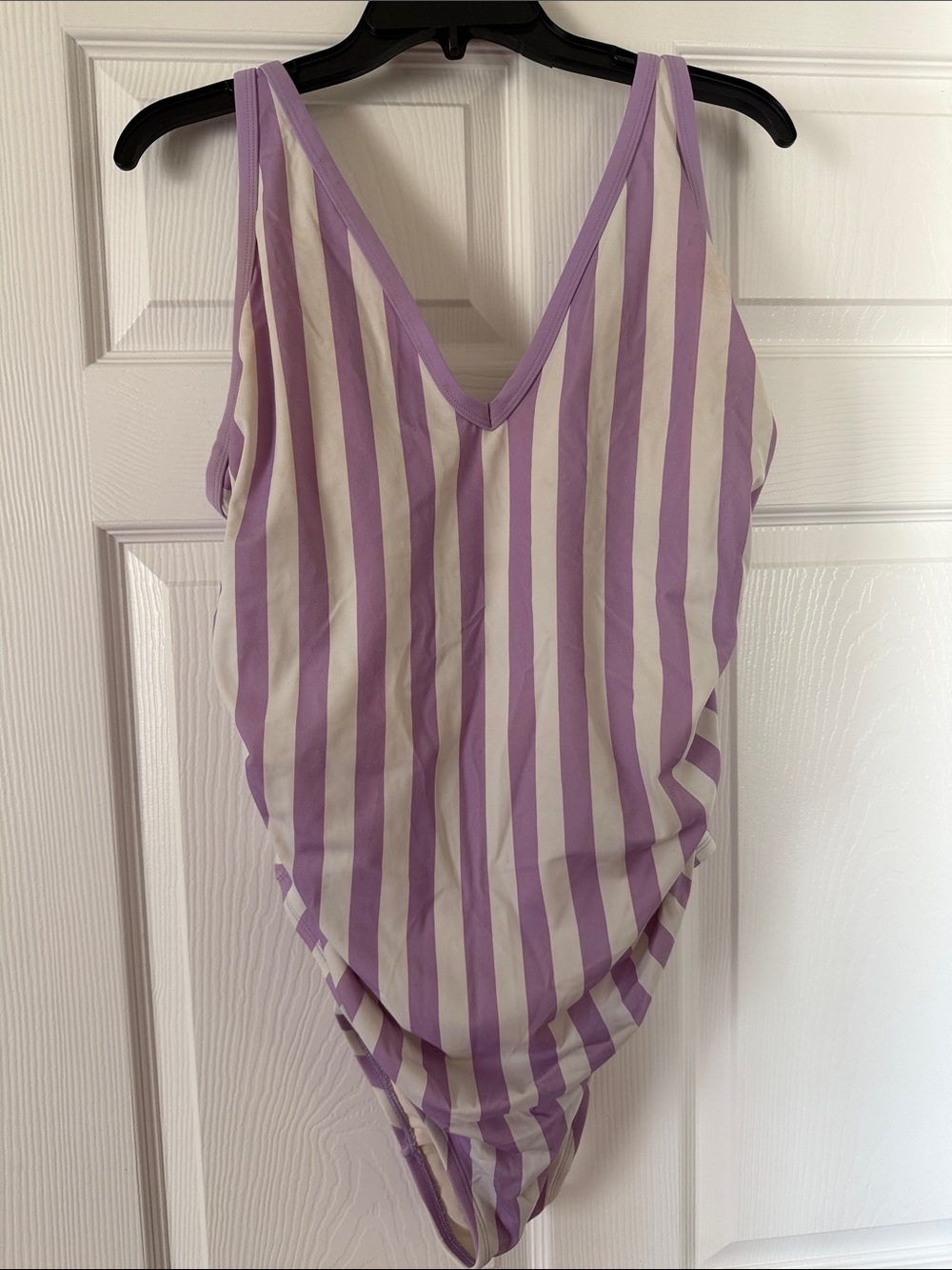 Kona Sol Lavender and White Striped V-Neck One-Piece Swimsuit